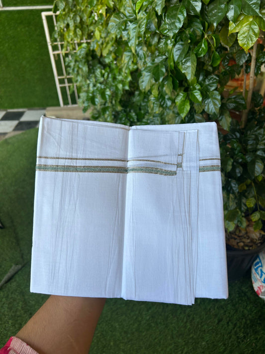 20% Discount! KaithariKada Balaramapuram 100% Cotton Double Pure white Mundu/Dhoti- 100X80 - 1 cm Green & Silver Kasav shaded Kara - Between3.80-3.95m (8 muzham) - 16 KK5355 CKS