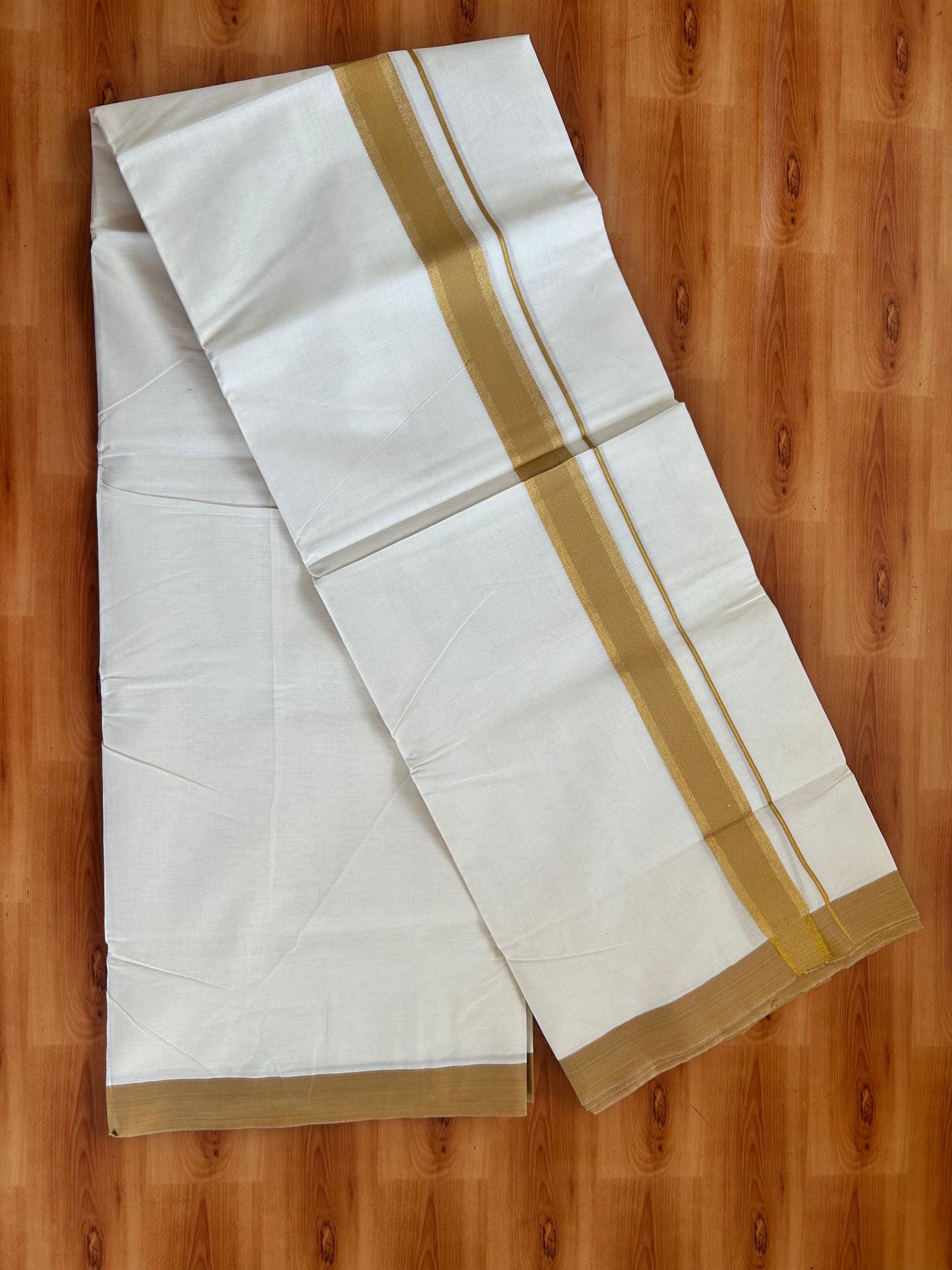 Double Off White (Unbleached) Mundu/Dhoti - 20% Discount! Kaitharikada Pure Cotton - 80x80 - 1.5 Inch Gold Kasav & Light Mustard Yellow Kara 4 mtr (8.5 muzham) - 3 KK5478 MRH