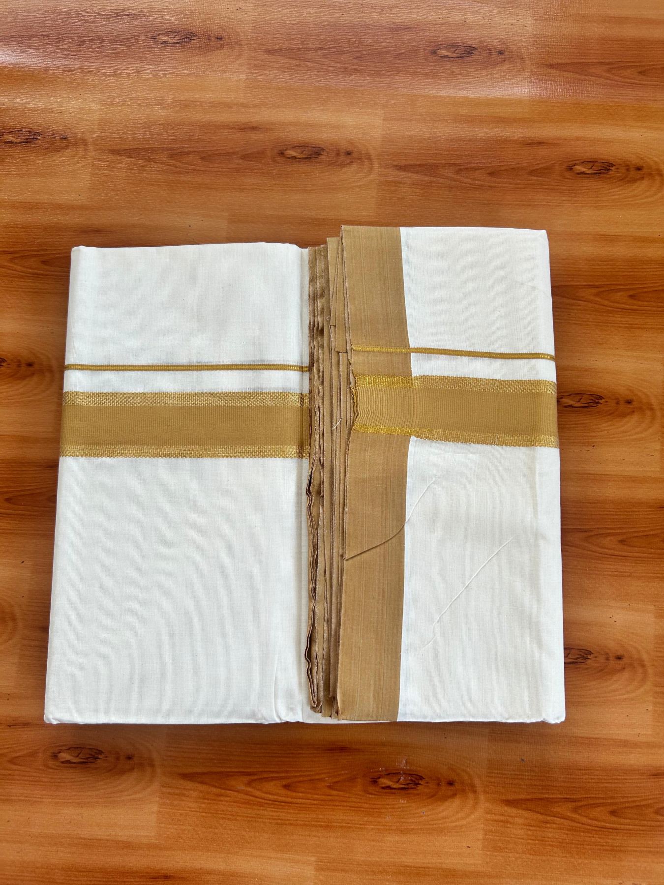 Double Off White (Unbleached) Mundu/Dhoti - 20% Discount! Kaitharikada Pure Cotton - 80x80 - 1.5 Inch Gold Kasav & Light Mustard Yellow Kara 4 mtr (8.5 muzham) - 3 KK5478 MRH