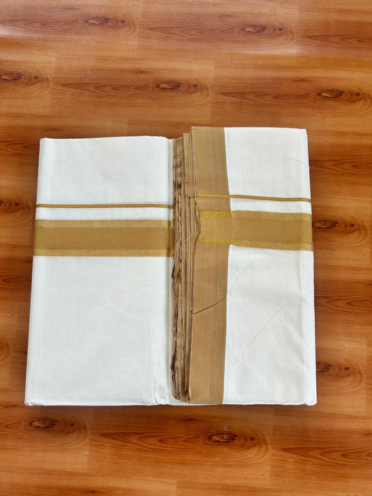 Double Off White (Unbleached) Mundu/Dhoti - 20% Discount! Kaitharikada Pure Cotton - 80x80 - 1.5 Inch Gold Kasav & Light Mustard Yellow Kara 4 mtr (8.5 muzham) - 3 KK5478 MRH