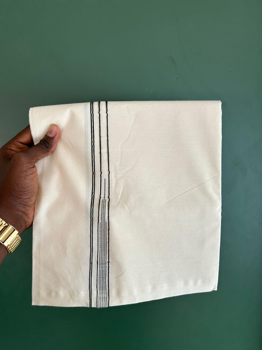 Single Off White (Unbleached) Mundu/Dhoti - 20% Discount!! KaithariKada Pulimood 100% Cotton 100s Twisted - 0.5 inch Puliyilakkara Silver Kasav &  Black Striped Chutty Kara - 2 mtr (4 muzham) - 18 KK5546 ASH