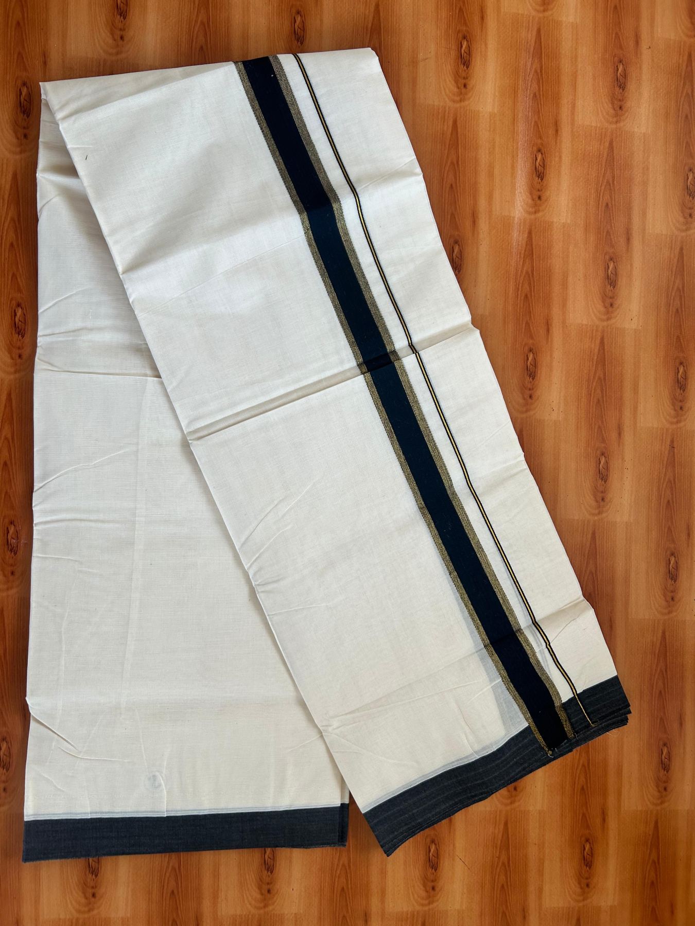 Double Off White (Unbleached) Mundu/Dhoti - 20% Discount! Kaitharikada Pure Cotton - 80x80 - 1.5 Inch Gold Kasav & Black Kara 4 mtr (8.5 muzham) - 4 KK5478 MRH