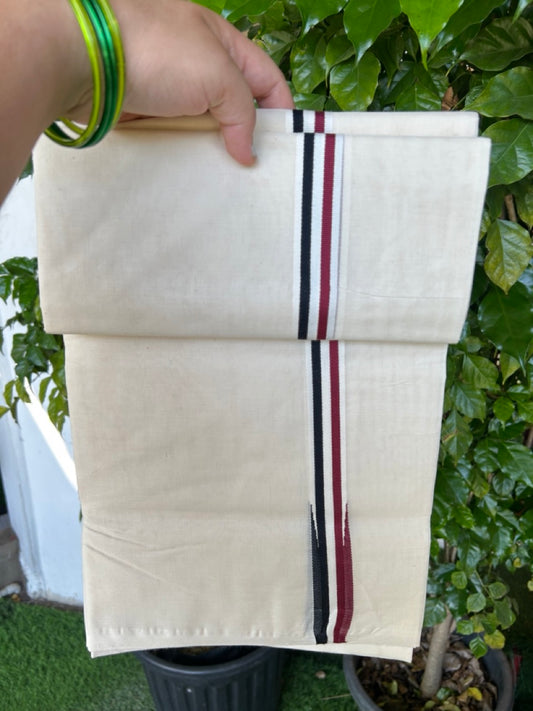 ADMK VESHTI - 20% DISCOUNT! KaithariKada 100% Cotton off white Double - (Unbleached) Mundu/Dhoti - 100X100 - 1 inch Black White & Maroon Wings Chutty kara - 34KK5218ASH