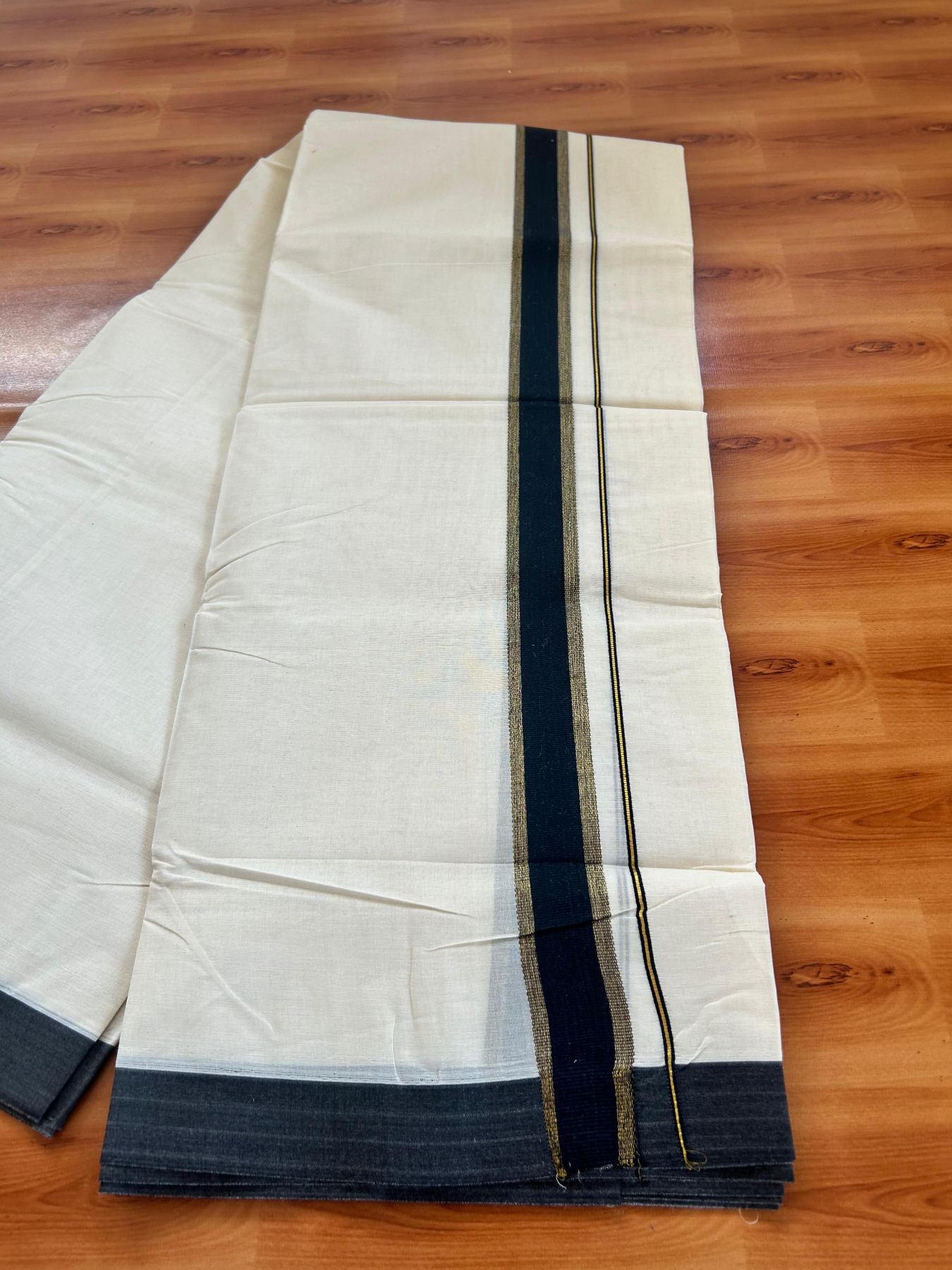 Double Off White (Unbleached) Mundu/Dhoti - 20% Discount! Kaitharikada Pure Cotton - 80x80 - 1.5 Inch Gold Kasav & Black Kara 4 mtr (8.5 muzham) - 4 KK5478 MRH
