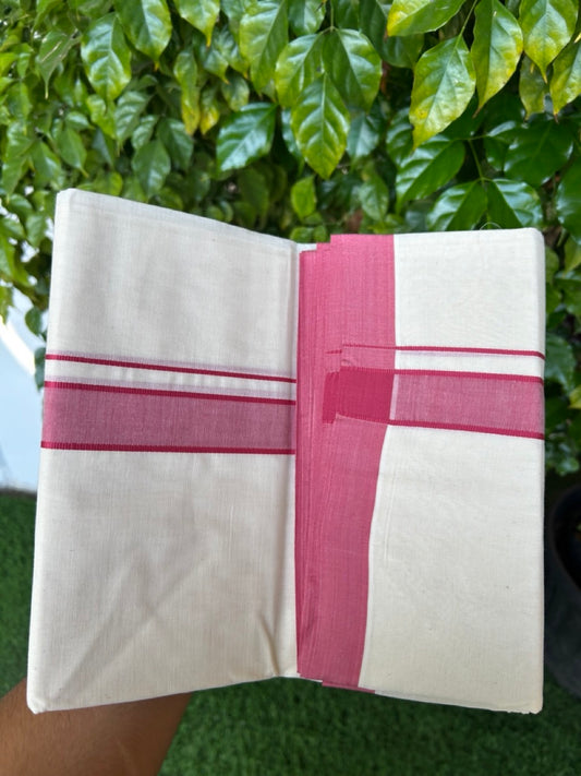 NEW !! 20% DISCOUNT!! KaithariKada Balaramapuram 100% Cotton Double Off white - (Unbleached) Mundu/Dhoti-100x80 - 1.25 inch Rose Pink Shaded KARA - 3.75 mtr (8 Muzham) - 24KK5218 ASH