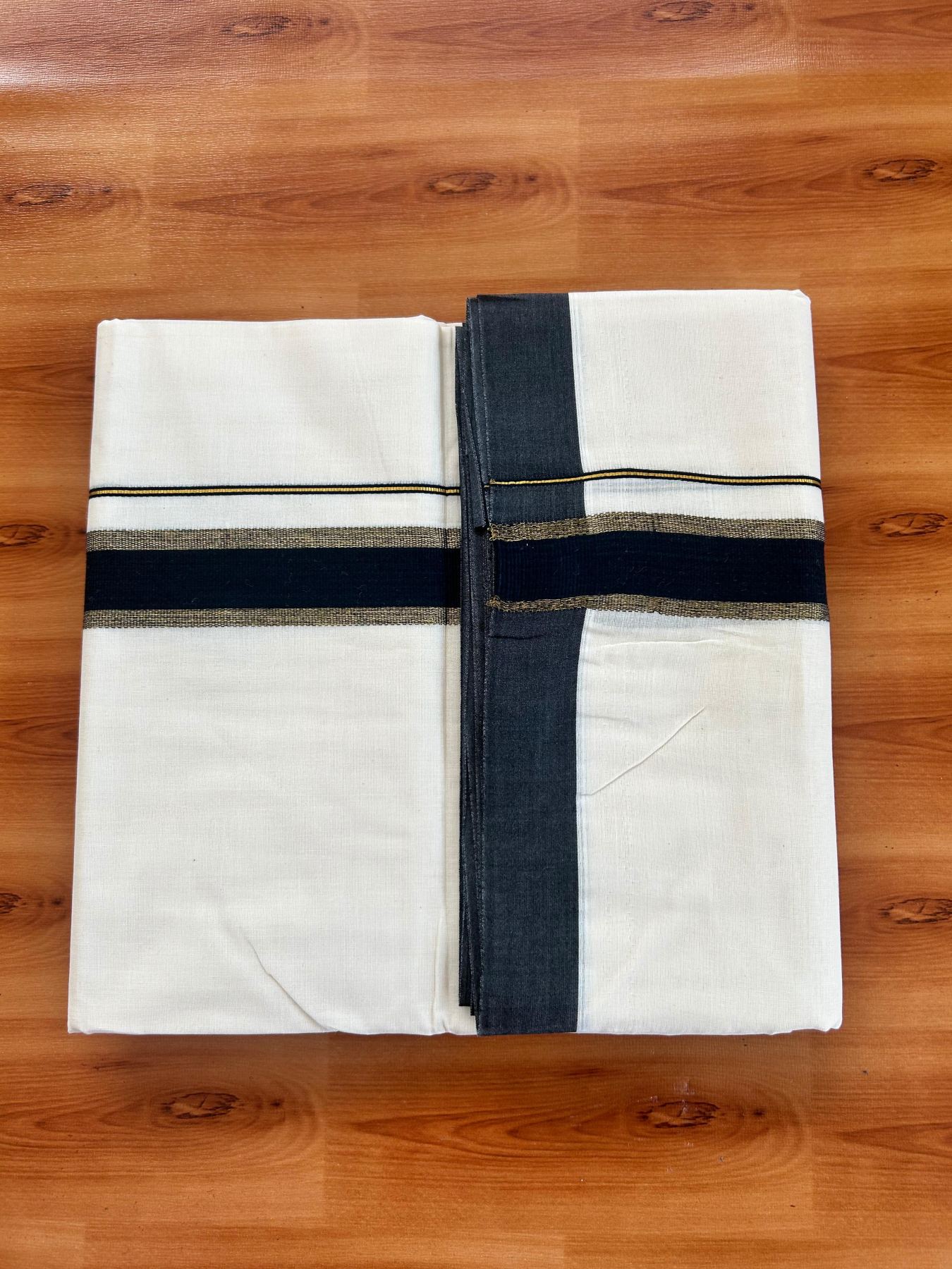 Double Off White (Unbleached) Mundu/Dhoti - 20% Discount! Kaitharikada Pure Cotton - 80x80 - 1.5 Inch Gold Kasav & Black Kara 4 mtr (8.5 muzham) - 4 KK5478 MRH