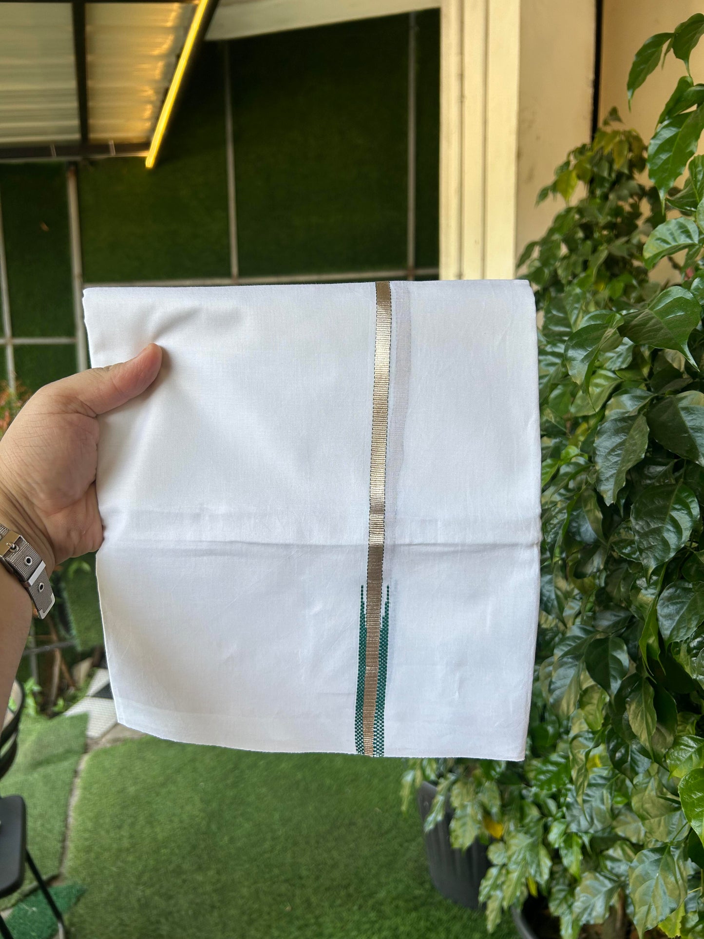 20% Discount! KaithariKada Balaramapuram 100% Cotton Double Pure white Mundu/Dhoti- 100X80 - 0.5 inch Dark Green & Silver Kasav Chutty Kara - Between3.80-3.95m (8 muzham) - 31 KK5355 CKS