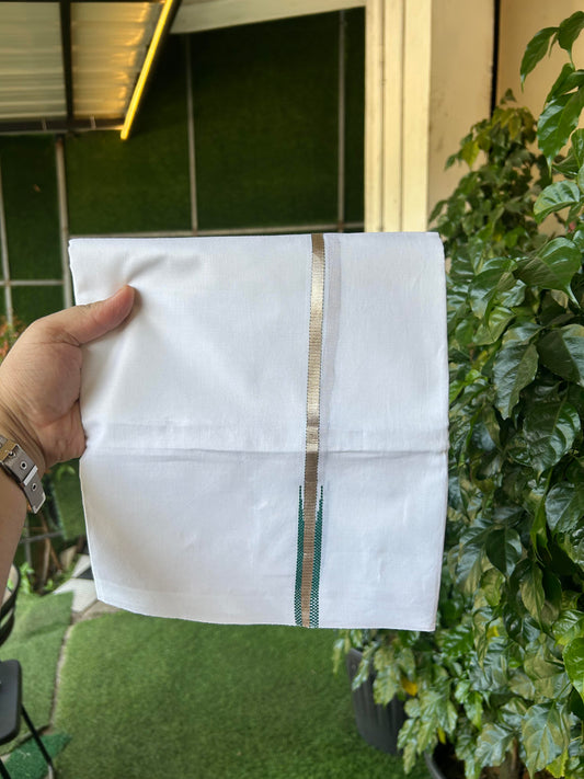 20% Discount! KaithariKada Balaramapuram 100% Cotton Double Pure white Mundu/Dhoti- 100X80 - 0.5 inch Dark Green & Silver Kasav Chutty Kara - Between3.80-3.95m (8 muzham) - 31 KK5355 CKS
