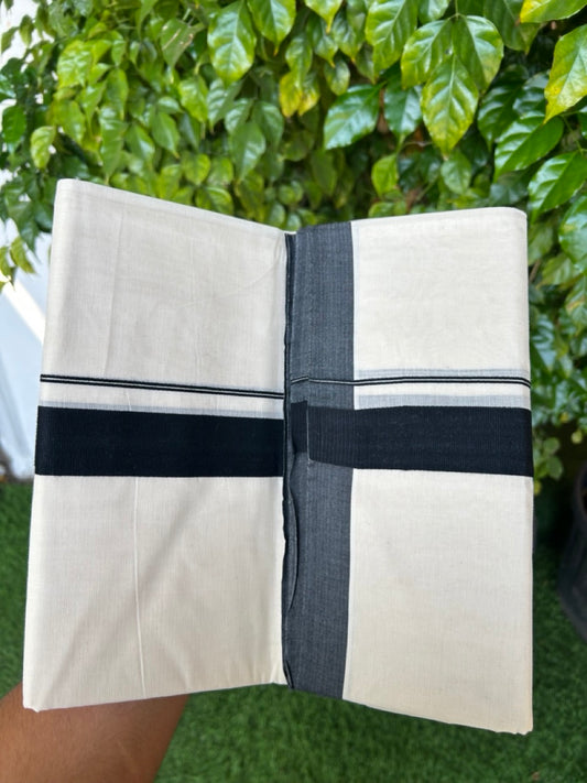 20% Discount ! KaithariKada Balaramapuram 100% Cotton Double Off white - (Unbleached) - Mundu/Dhoti-100X100 - 1.25 inch Black Kara.- 38KK5218ASH
