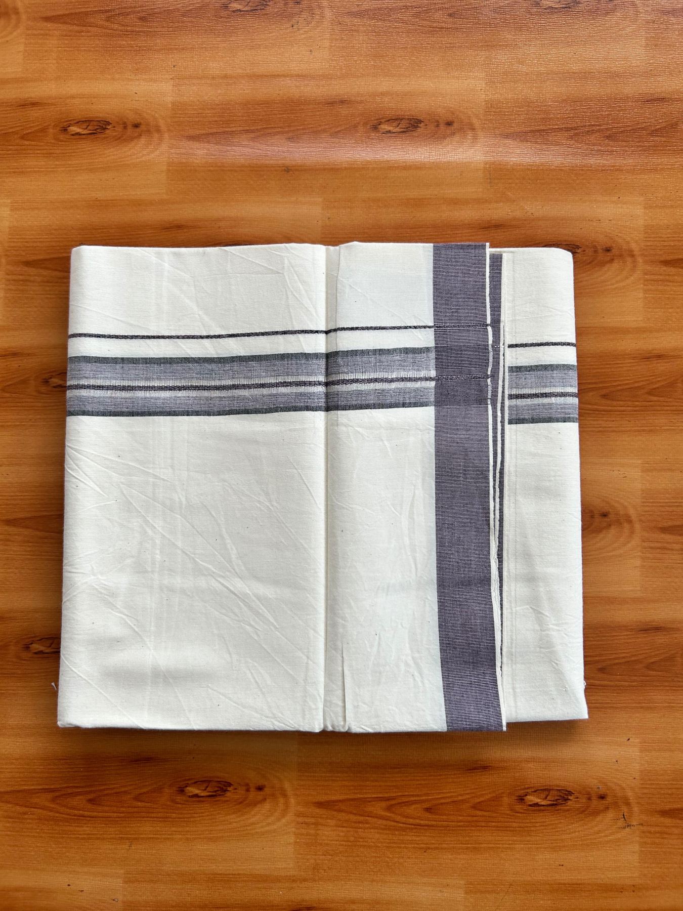 Single Off White (Unbleached) Mundu/Dhoti - 36% DISCOUNT!! KaithariKada Balaramapuram 100% Cotton - Twisted 60s Thread - 1.25 inch Silver Kasav Green & Ash Purple Shaded Striped Kara (2 meter / 4 muzham) - 23 KK5495 GL