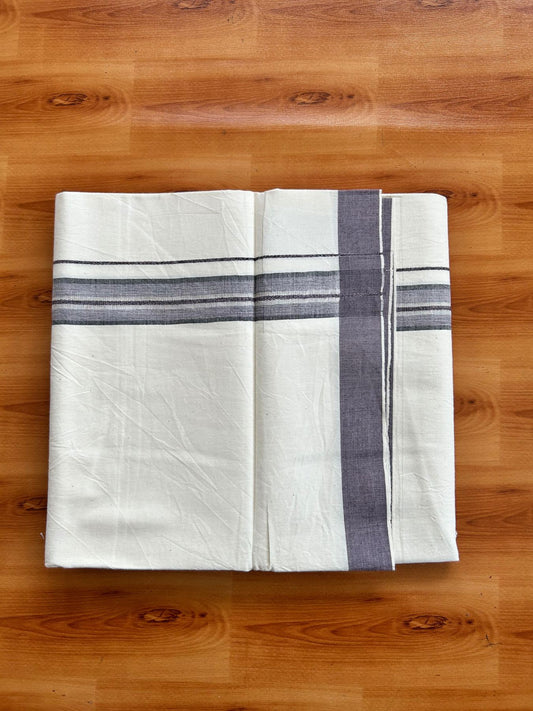 Single Off White (Unbleached) Mundu/Dhoti - 36% DISCOUNT!! KaithariKada Balaramapuram 100% Cotton - Twisted 60s Thread - 1.25 inch Silver Kasav Green & Ash Purple Shaded Striped Kara (2 meter / 4 muzham) - 23 KK5495 GL