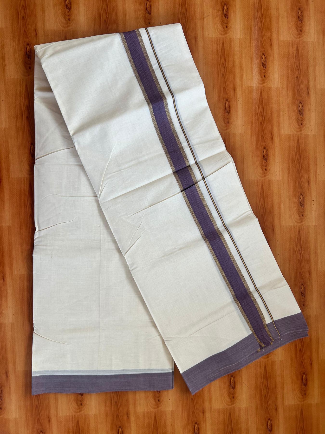 Double Off White (Unbleached) Mundu/Dhoti - 20% Discount! Kaitharikada Pure Cotton - 80x80 - 1.5 Inch Gold Kasav & Purple Wine Kara 4 mtr (8.5 muzham) - 5 KK5478 MRH