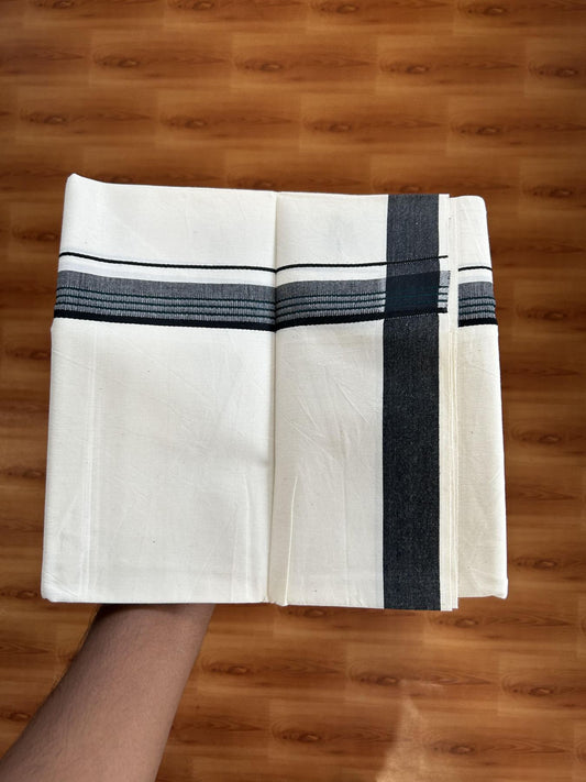 Single Mundu/Dhoti - Off White (Unbleached) 29% Discount !! KaithariKada Balaramapuram 100% Cotton Twisted 60s Thread - 1 Inch Dark Green & Black Shaded Striped Kara (2 meter /4 muzham) - 22 KK5393 GL