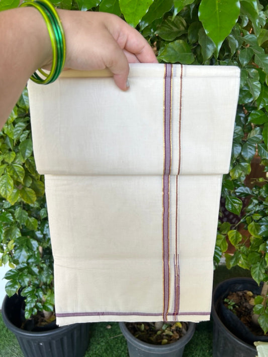 20% Discount ! KaithariKada Balaramapuram 100% Cotton Double Off white - (Unbleached) Mundu/Dhoti-100x100 - 1 cm Puliyilakkara Gold Kasavu & Wine Purple Striped Chutty kara - 37KK5218ASH