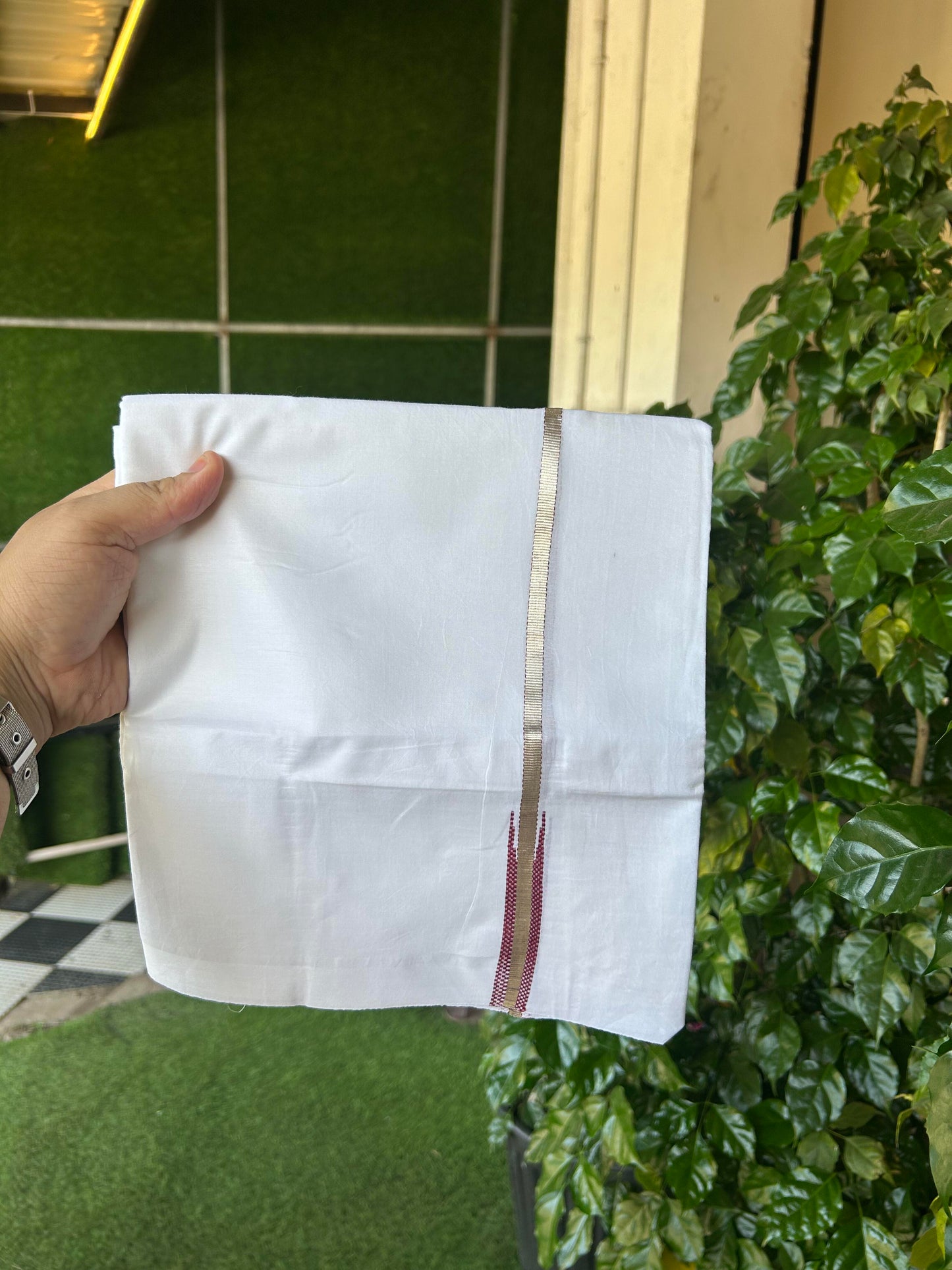 20% Discount! KaithariKada Balaramapuram 100% Cotton Double Pure white Mundu/Dhoti- 100X80 - 0.5 inch Maroon & Silver Kasav Chutty Kara - Between3.80-3.95m (8 muzham) - 34 KK5355 CKS