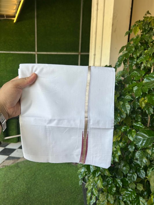20% Discount! KaithariKada Balaramapuram 100% Cotton Double Pure white Mundu/Dhoti- 100X80 - 0.5 inch Maroon & Silver Kasav Chutty Kara - Between3.80-3.95m (8 muzham) - 34 KK5355 CKS