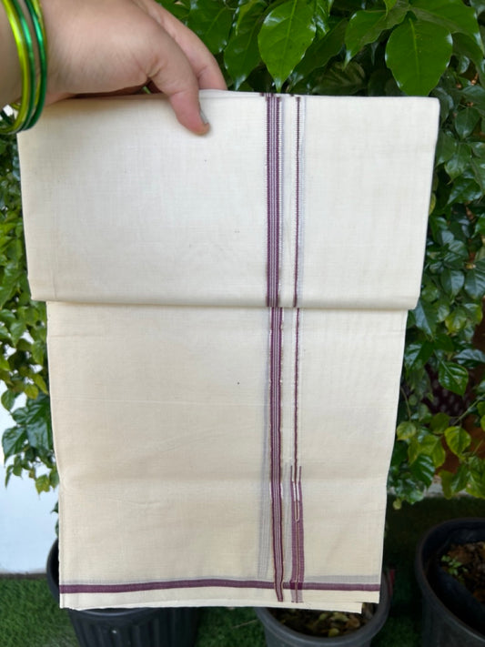 20% Discount ! KaithariKada Balaramapuram 100% Cotton Double Off white - (Unbleached) Mundu/Dhoti-100x100 - 1 cm Puliyilakkara Silver Kasavu & Wine Purple Striped Chutty kara - 36KK5218ASH