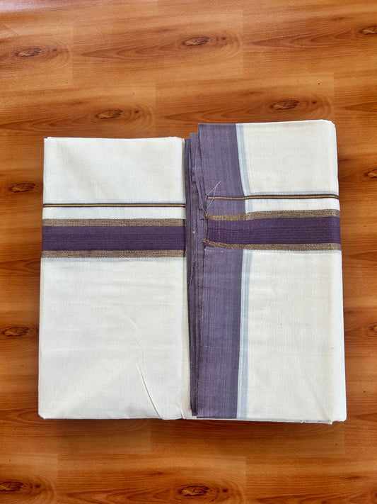 Double Off White (Unbleached) Mundu/Dhoti - 20% Discount! Kaitharikada Pure Cotton - 80x80 - 1.5 Inch Gold Kasav & Purple Wine Kara 4 mtr (8.5 muzham) - 5 KK5478 MRH