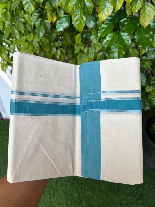 NEW !! 20% DISCOUNT!! KaithariKada Balaramapuram 100% Cotton Double Off white - (Unbleached) Mundu/Dhoti-100x80 - 1 inch Teal Blue Striped KARA - 3.75 mtr (8 Muzham) - 26KK5218 ASH