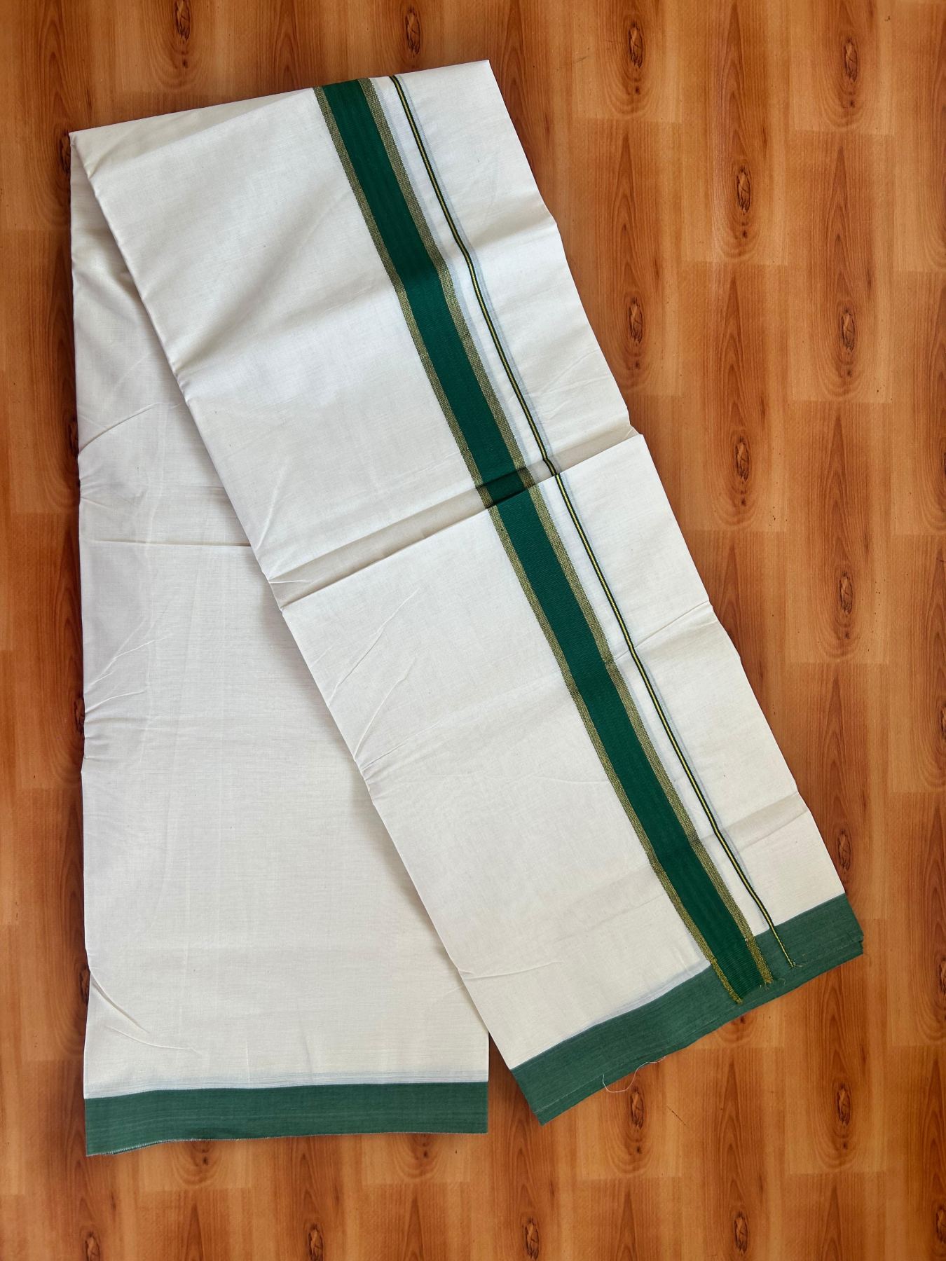 Double Off White (Unbleached) Mundu/Dhoti - 20% Discount! Kaitharikada Pure Cotton - 80x80 - 1.5 Inch Gold Kasav & Green Kara 4 mtr (8.5 muzham) - 6 KK5478 MRH