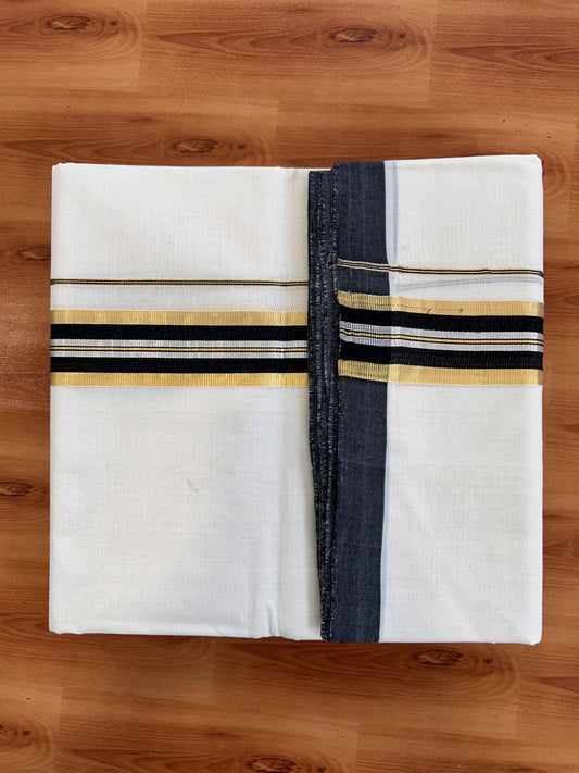 Double Off White (Unbleached) Mundu/Dhoti - 25% Discount! KaithariKada Handloom Millpaav - Kerala Handloom - Cotton - 80x90 - 1.5 inch Gold & Silver Kasav & Black Striped Kara 4 meter (8.5 Muzham) - 4 KK5430 RAM