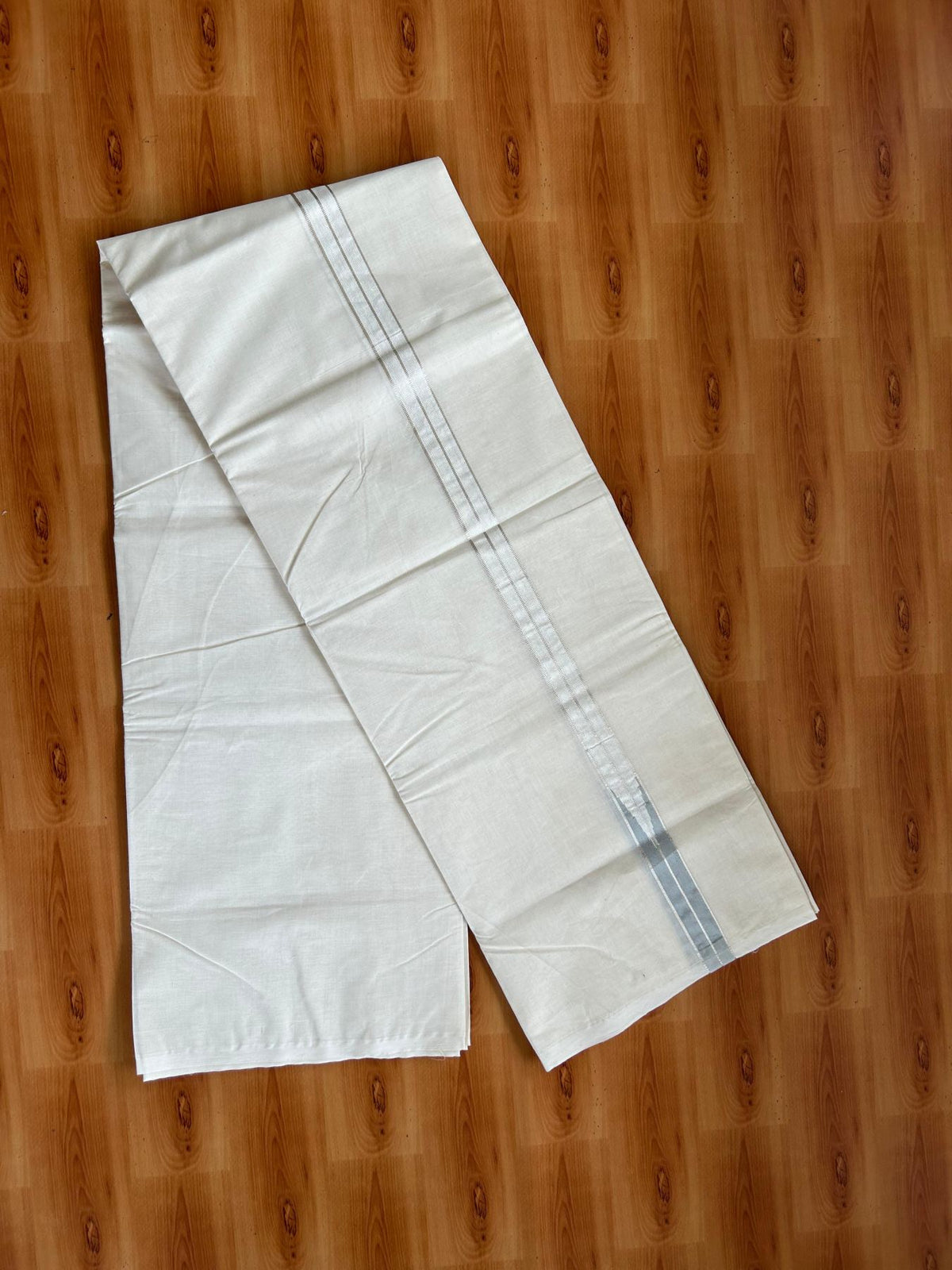 Double Off White (Unbleached) Mundu/Dhoti - 20% Discount!! KaithariKada Pulimood 100% Cotton 100x100 - 1 inch Puliyilakkara Silver Kasav & Ash Striped Chutty Kara - 3.75 mtr (8 muzham) - 8 KK5546 ASH