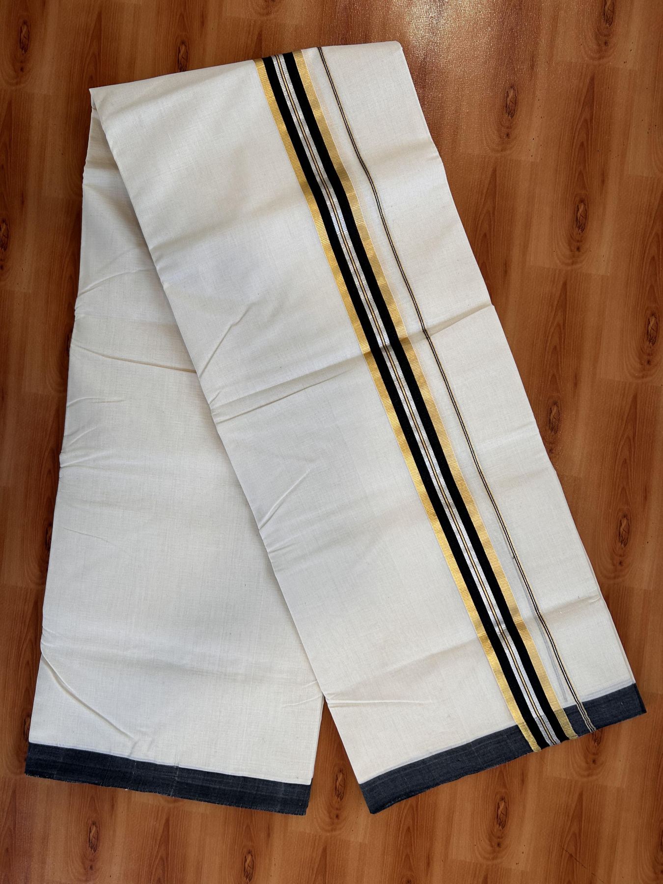 Double Off White (Unbleached) Mundu/Dhoti - 25% Discount! KaithariKada Handloom Millpaav - Kerala Handloom - Cotton - 80x90 - 1.5 inch Gold & Silver Kasav & Black Striped Kara 4 meter (8.5 Muzham) - 4 KK5430 RAM