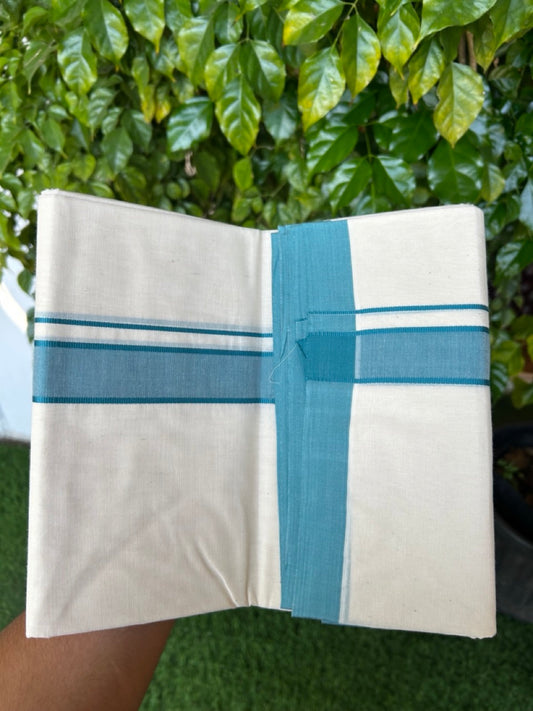 NEW !! 20% DISCOUNT!! KaithariKada Balaramapuram 100% Cotton Double Off white - (Unbleached) Mundu/Dhoti-100x80 - 1.25 inch Teal Blue Shaded KARA - 3.75 mtr (8 Muzham) - 25KK5218 ASH