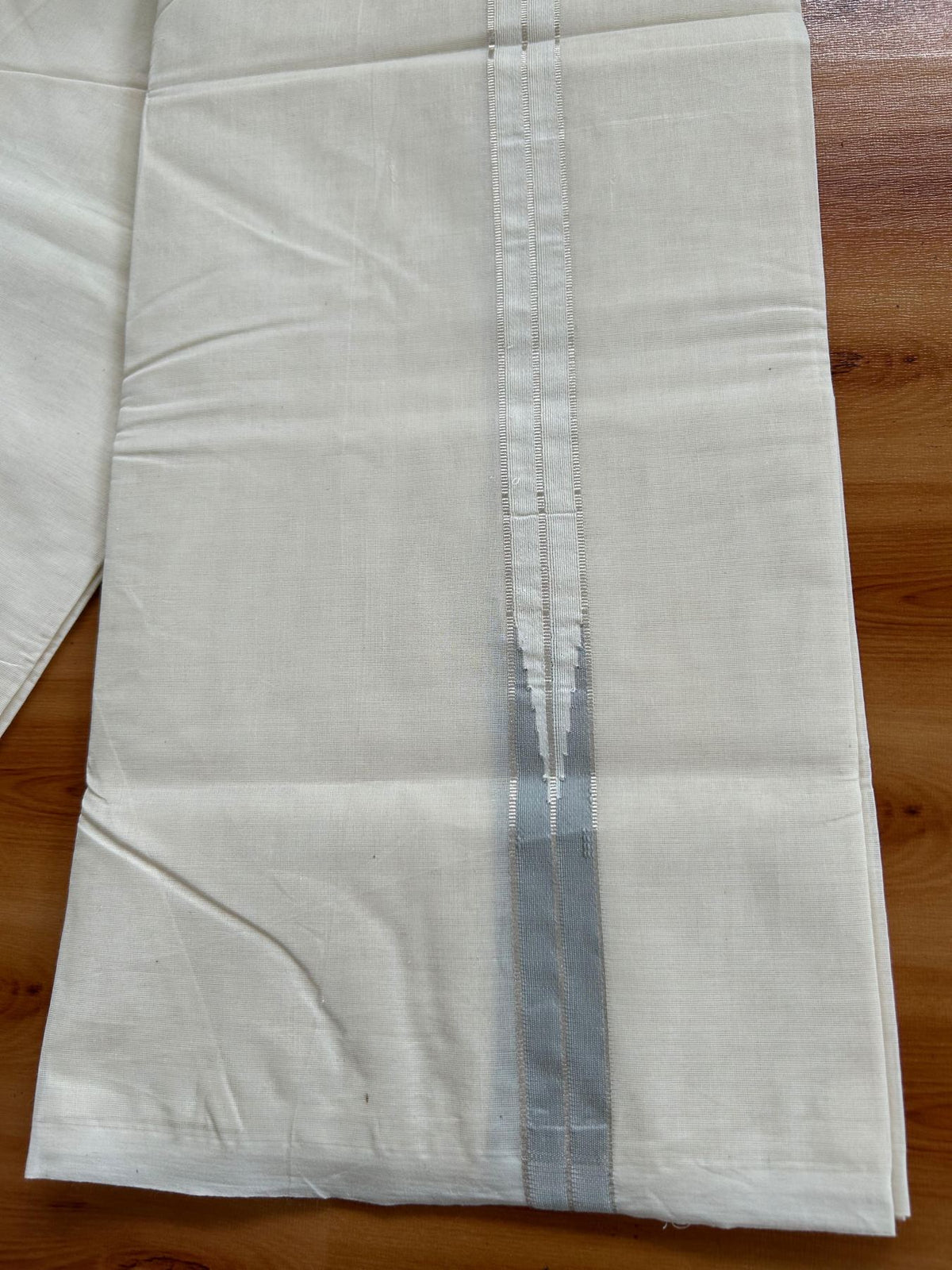 Double Off White (Unbleached) Mundu/Dhoti - 20% Discount!! KaithariKada Pulimood 100% Cotton 100x100 - 1 inch Puliyilakkara Silver Kasav & Ash Striped Chutty Kara - 3.75 mtr (8 muzham) - 8 KK5546 ASH