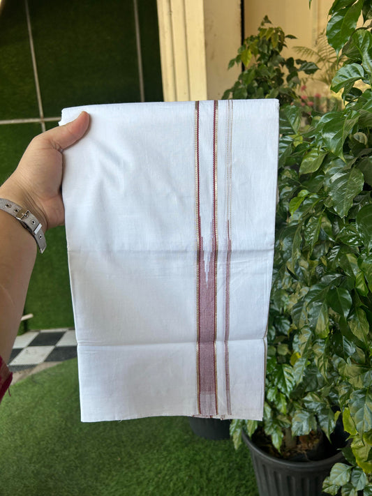 20% Discount! KaithariKada Balaramapuram 100% Cotton Double Pure white Mundu/Dhoti- 100X80 - 1.25 inch Maroon & Silver Kasav One Side Stripes Chutty Kara - Between3.80-3.95m (8 muzham) - 38 KK5355 CKS