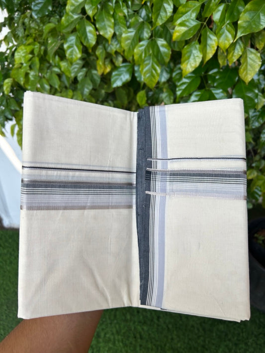 20% Discount KaithariKada Balaramapuram 100% Cotton Double Off white - (Unbleached) - Mundu/Dhoti - 100x100 - 1.25 inch Silver Kasav & Black Light Grey Striped Kara - 33KK5218ASH