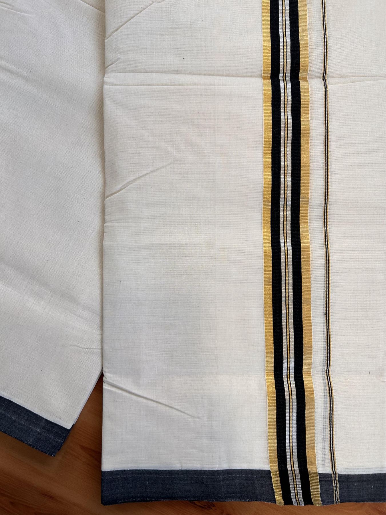 Double Off White (Unbleached) Mundu/Dhoti - 25% Discount! KaithariKada Handloom Millpaav - Kerala Handloom - Cotton - 80x90 - 1.5 inch Gold & Silver Kasav & Black Striped Kara 4 meter (8.5 Muzham) - 4 KK5430 RAM