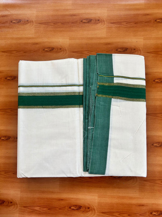 Double Off White (Unbleached) Mundu/Dhoti - 20% Discount! Kaitharikada Pure Cotton - 80x80 - 1.5 Inch Gold Kasav & Green Kara 4 mtr (8.5 muzham) - 6 KK5478 MRH