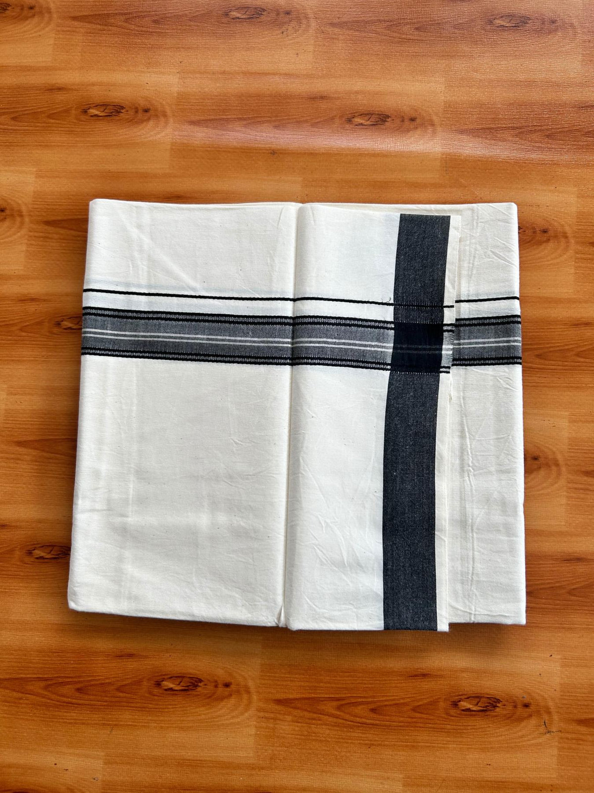 Single Off White (Unbleached) Mundu/Dhoti - 36% DISCOUNT!! KaithariKada Balaramapuram 100% Cotton - Twisted 60s Thread - 1.25 inch Silver Kasav Black Shaded Striped Kara (2 meter / 4 muzham) - 24 KK5495 GL