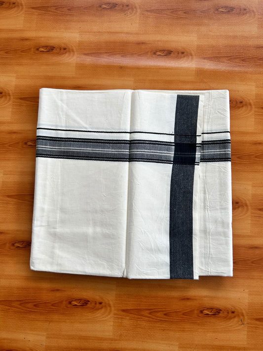 Single Off White (Unbleached) Mundu/Dhoti - 36% DISCOUNT!! KaithariKada Balaramapuram 100% Cotton - Twisted 60s Thread - 1.25 inch Silver Kasav Black Shaded Striped Kara (2 meter / 4 muzham) - 24 KK5495 GL