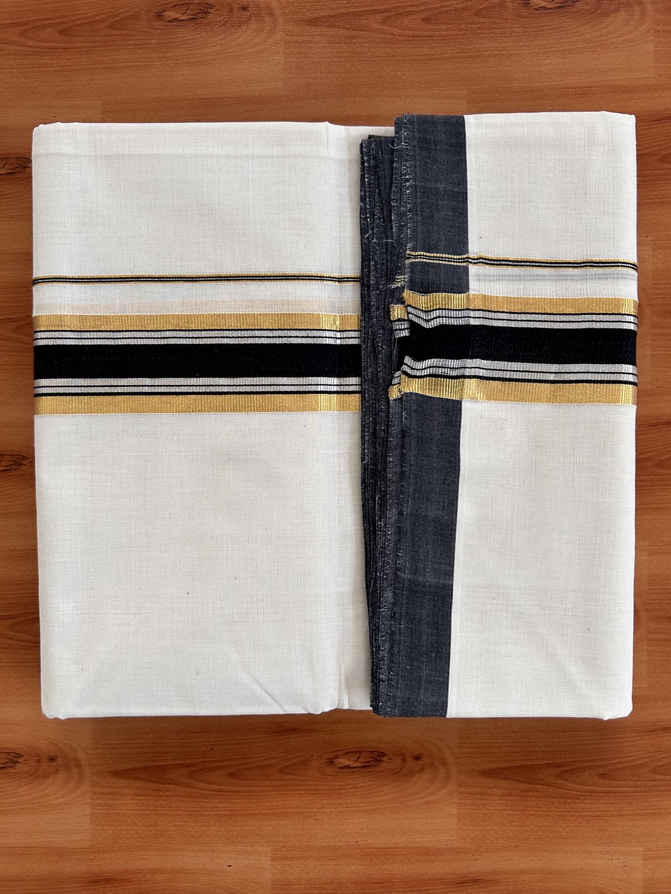 Double Off White (Unbleached) Mundu/Dhoti - 25% Discount! KaithariKada Handloom Millpaav - Kerala Handloom - Cotton - 80x90 - 1.5 inch Gold & Silver Kasav & Black Striped Kara 4 meter (8.5 Muzham) - 3 KK5430 RAM