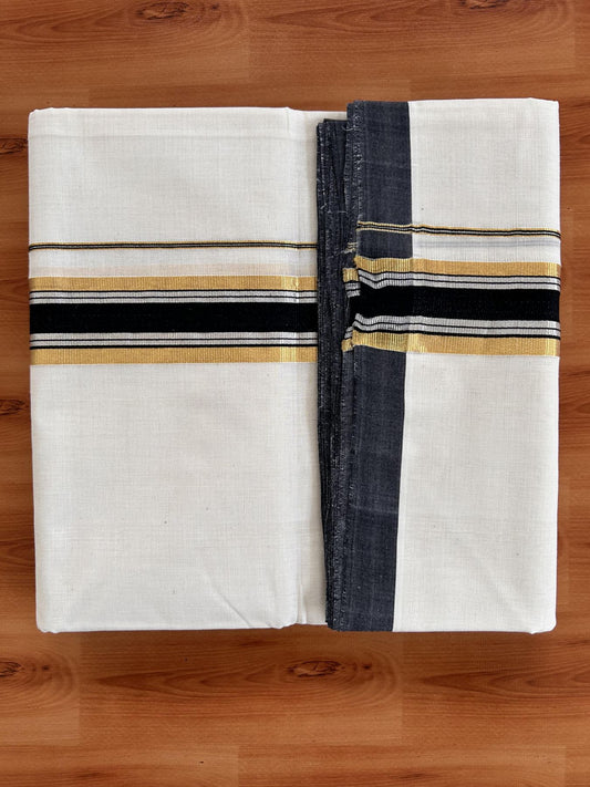 Double Off White (Unbleached) Mundu/Dhoti - 25% Discount! KaithariKada Handloom Millpaav - Kerala Handloom - Cotton - 80x90 - 1.5 inch Gold & Silver Kasav & Black Striped Kara 4 meter (8.5 Muzham) - 3 KK5430 RAM