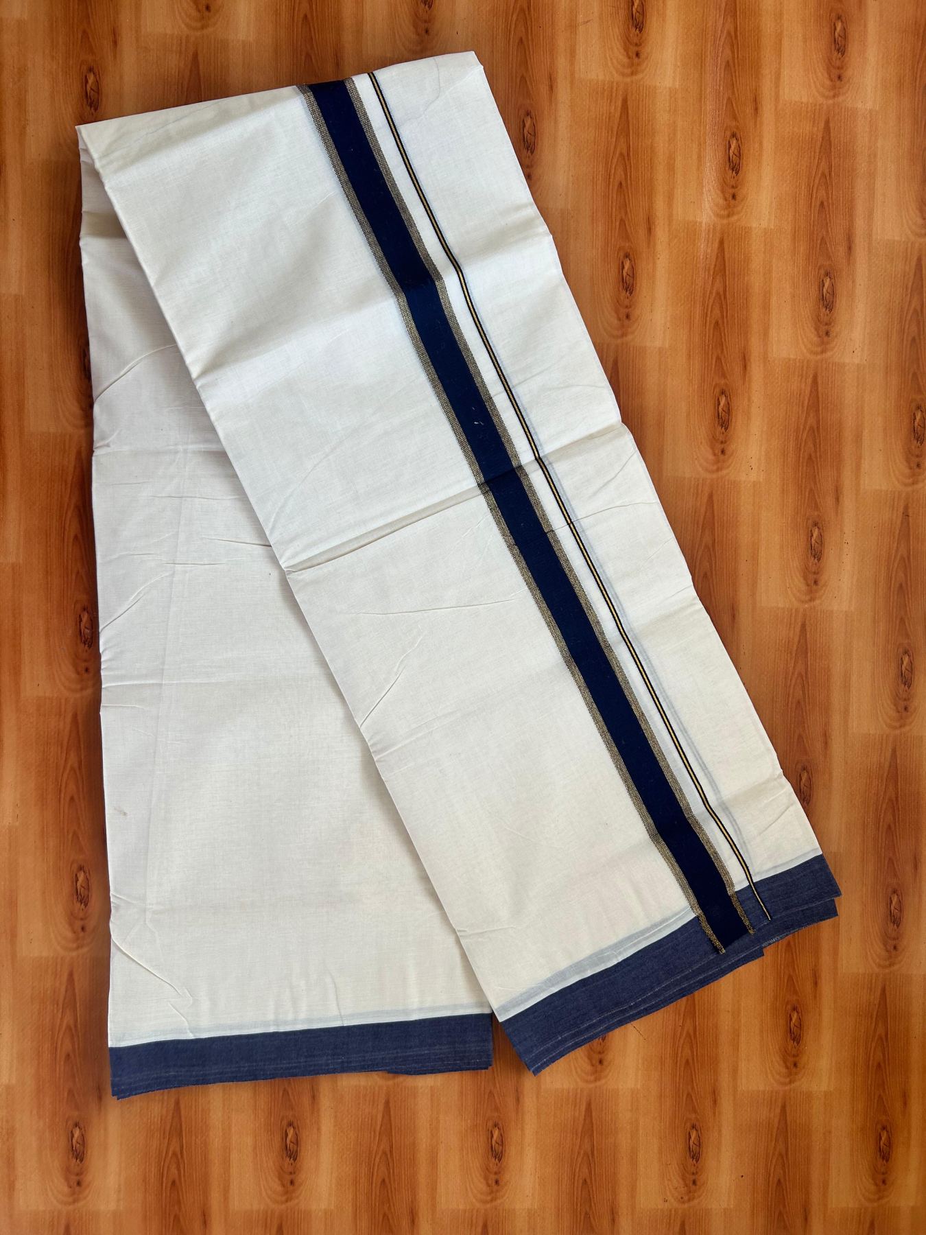 Double Off White (Unbleached) Mundu/Dhoti - 20% Discount! Kaitharikada Pure Cotton - 80x80 - 1.5 Inch Gold Kasav & Navy Blue Kara 4 mtr (8.5 muzham) - 7 KK5478 MRH