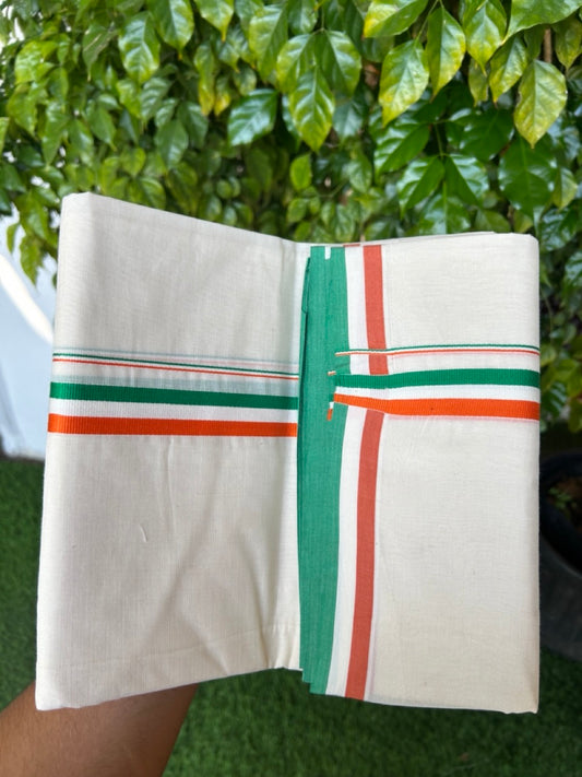 CONGRESS VESHTI - 20% DISCOUNT! KaithariKada 100% Cotton off white Double - (Unbleached) Mundu/Dhoti - 100X80 - 1 inch Orange White & Green Kara - 30KK5218ASH