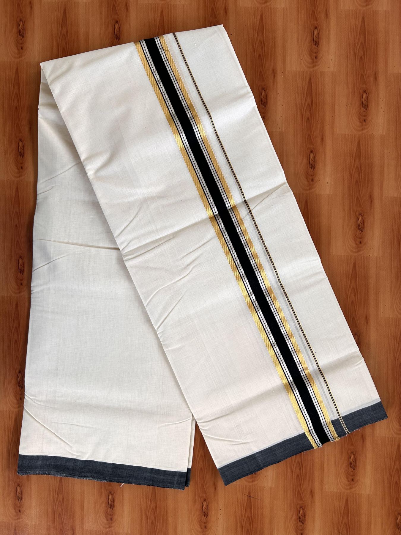 Double Off White (Unbleached) Mundu/Dhoti - 25% Discount! KaithariKada Handloom Millpaav - Kerala Handloom - Cotton - 80x90 - 1.5 inch Gold & Silver Kasav & Black Striped Kara 4 meter (8.5 Muzham) - 3 KK5430 RAM
