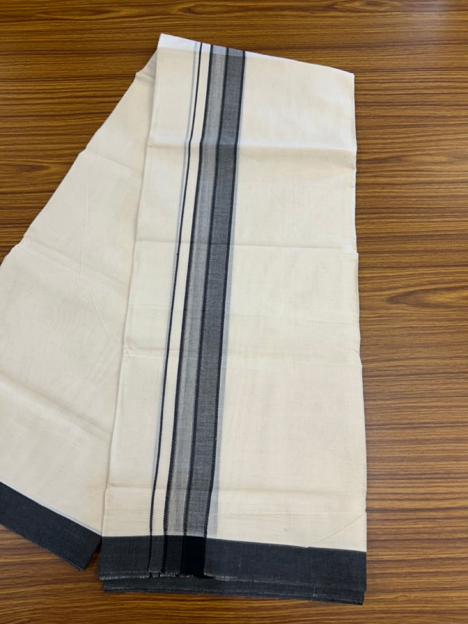 20% Discount! KaithariKada Balaramapuram 100%  Cotton Off White Double - (Unbleached) Mundu/Dhoti - 100X80 - 1.5 inch Black Shaded Striped Kara - 4 Mtr (8.5 Muzham) - 100 KK5294 THI