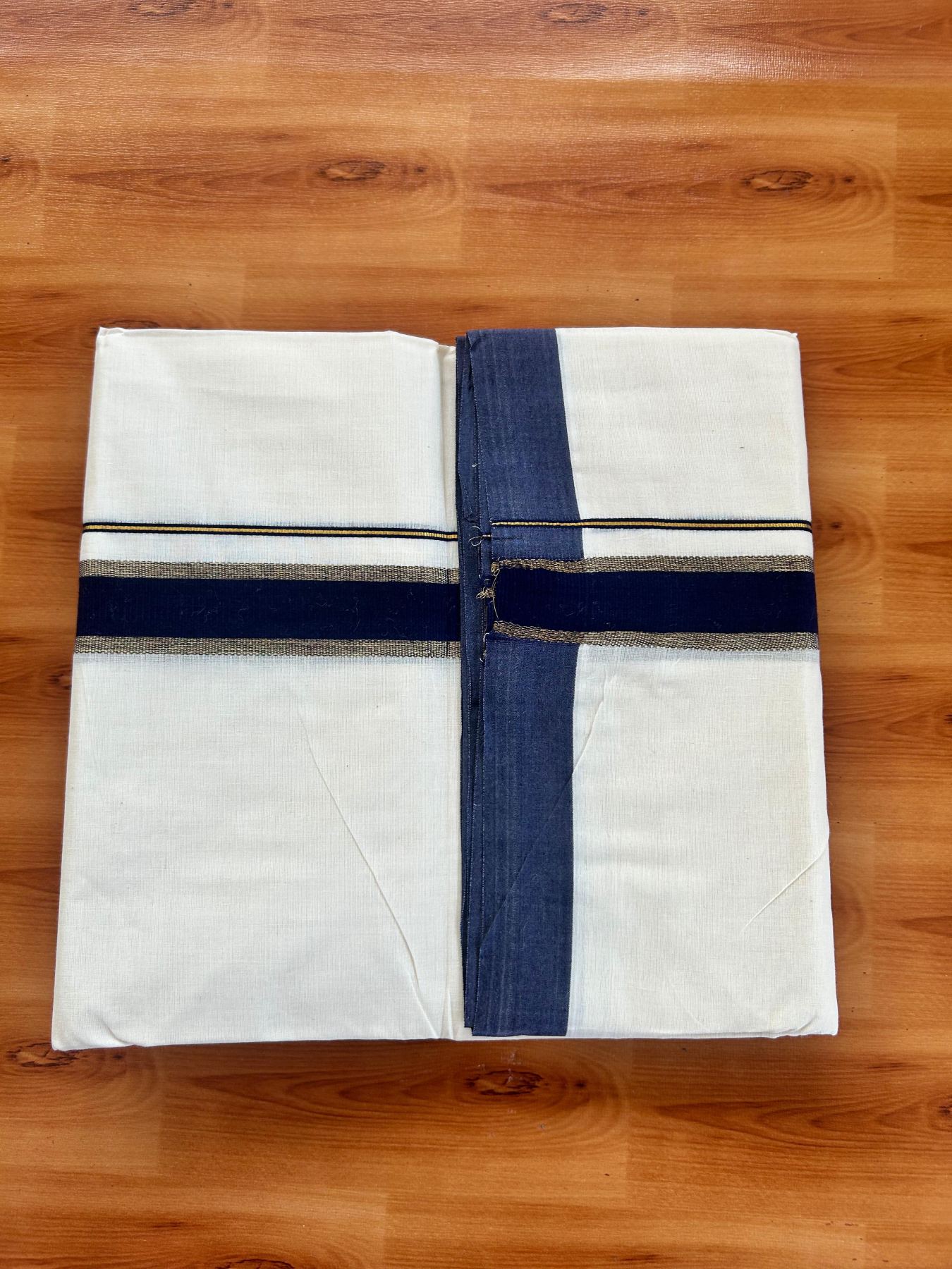 Double Off White (Unbleached) Mundu/Dhoti - 20% Discount! Kaitharikada Pure Cotton - 80x80 - 1.5 Inch Gold Kasav & Navy Blue Kara 4 mtr (8.5 muzham) - 7 KK5478 MRH