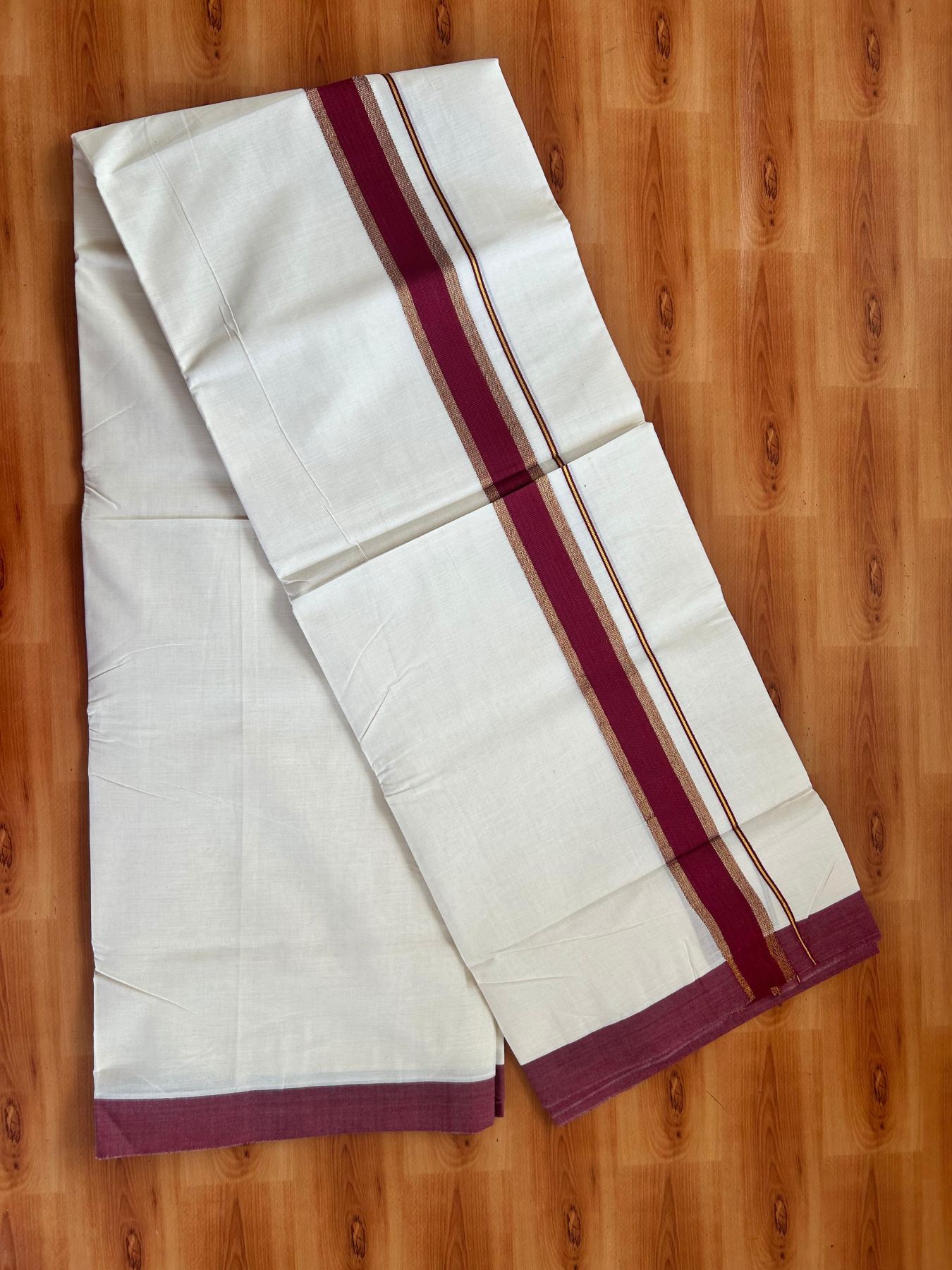 Double Off White (Unbleached) Mundu/Dhoti - 20% Discount! Kaitharikada Pure Cotton - 80x80 - 1.5 Inch Gold Kasav & Maroon Kara 4 mtr (8.5 muzham) - 8 KK5478 MRH