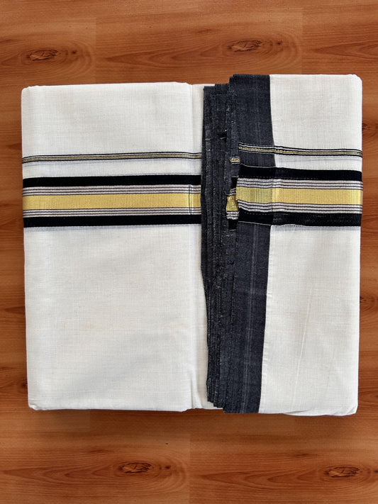 Double Off White (Unbleached) Mundu/Dhoti - 25% Discount! KaithariKada Handloom Millpaav - Kerala Handloom - Cotton - 80x90 - 1.5 inch Gold & Silver Kasav & Black Striped Kara 4 meter (8.5 Muzham) - 2 KK5430 RAM
