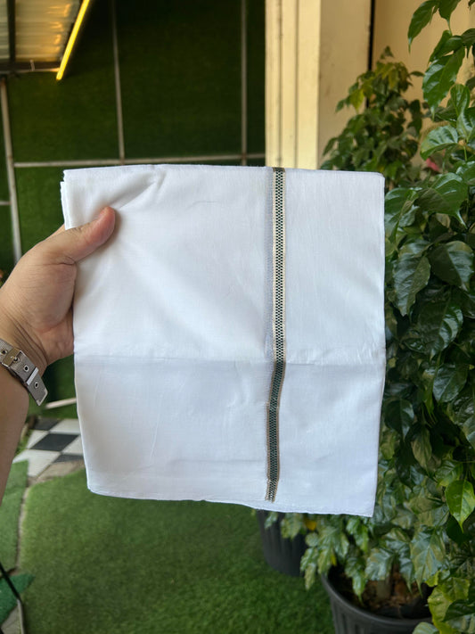 20% Discount! KaithariKada Balaramapuram 100% Cotton Double Pure white Mundu/Dhoti- 100X80 - 1 cm Silver Kasav & Dark Green Muthukuri Design Kara - Between3.80-3.95m( 8 muzham) - 1 KK5355 CKS