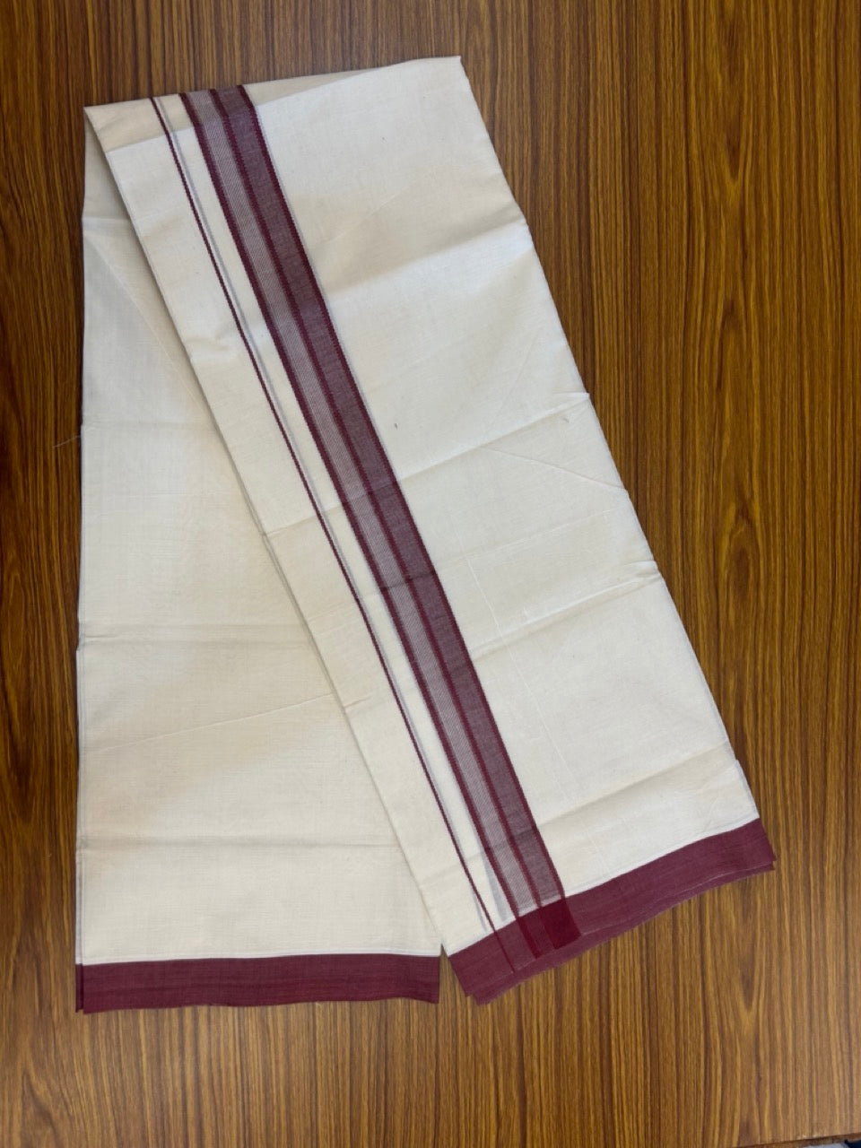 20% Discount! KaithariKada Balaramapuram 100%  Cotton Off White Double - (Unbleached) Mundu/Dhoti - 100X80 - 1.5 inch Maroon Shaded Striped Kara - 4 Mtr (8.5 Muzham) - 102 KK5294 THI
