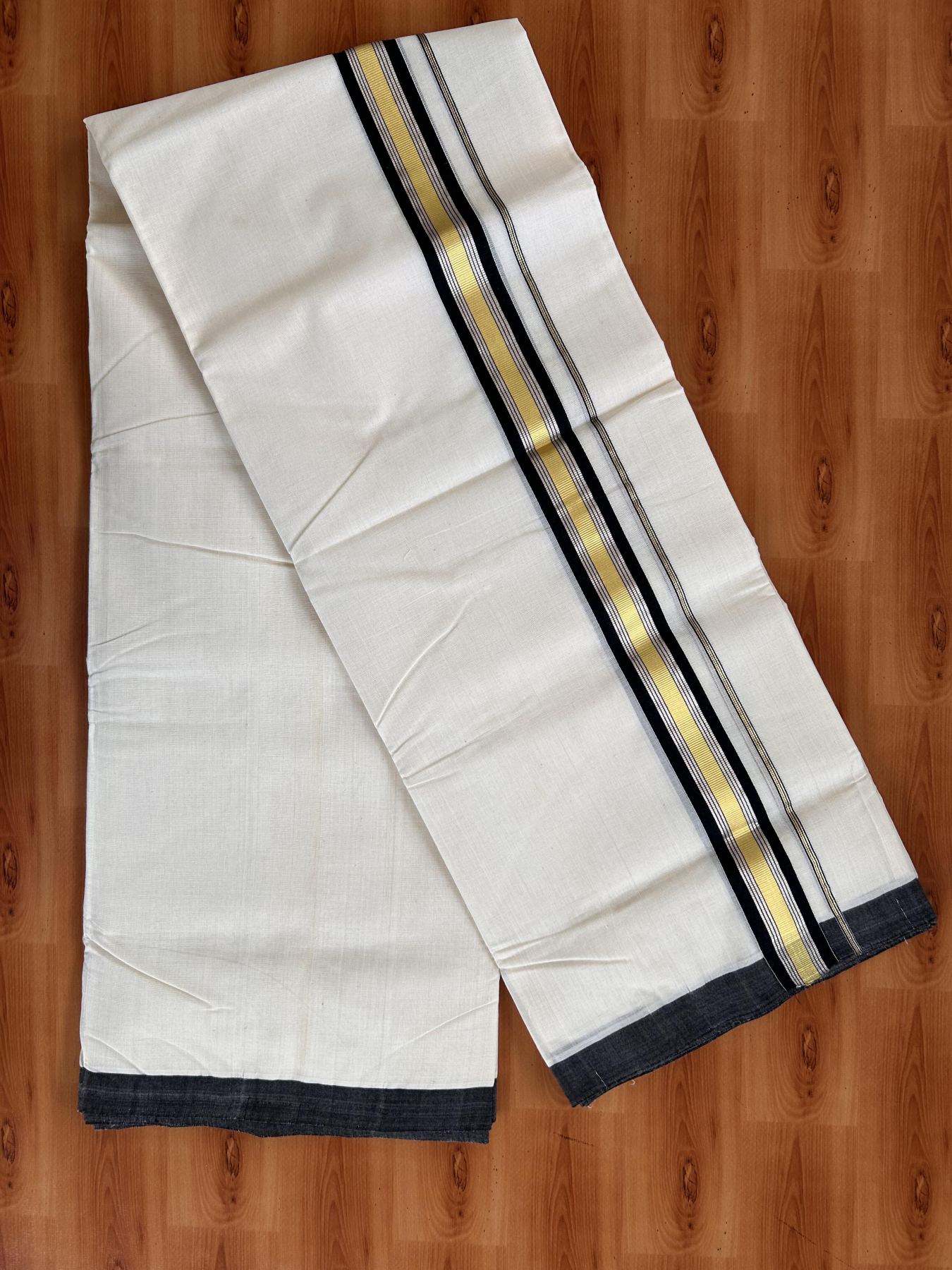 Double Off White (Unbleached) Mundu/Dhoti - 25% Discount! KaithariKada Handloom Millpaav - Kerala Handloom - Cotton - 80x90 - 1.5 inch Gold & Silver Kasav & Black Striped Kara 4 meter (8.5 Muzham) - 2 KK5430 RAM