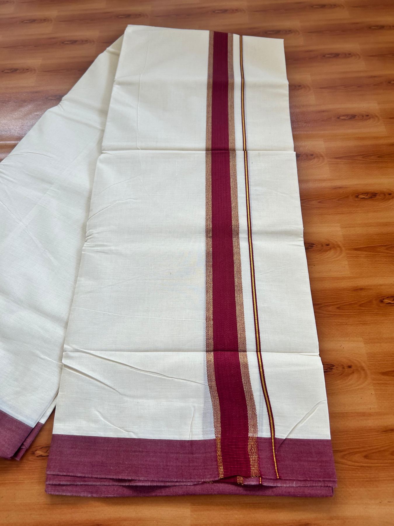 Double Off White (Unbleached) Mundu/Dhoti - 20% Discount! Kaitharikada Pure Cotton - 80x80 - 1.5 Inch Gold Kasav & Maroon Kara 4 mtr (8.5 muzham) - 8 KK5478 MRH