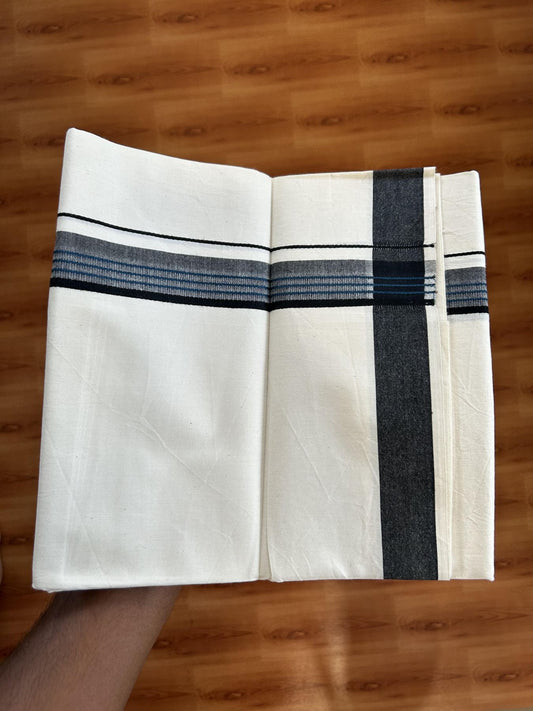 Single Mundu/Dhoti - Off White (Unbleached) 29% Discount !! KaithariKada Balaramapuram 100% Cotton Twisted 60s Thread - 1 Inch Peacock Blue & Black Shaded Striped Kara (2 meter /4 muzham) - 24 KK5393 GL