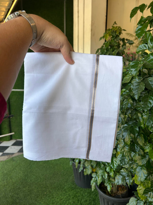 20% Discount! KaithariKada Balaramapuram 100% Cotton Double Pure white Mundu/Dhoti- 100X80 - 1 cm Silver Kasav & Ash Grey Muthukuri Design Kara - Between3.80-3.95m( 8 muzham) - 2 KK5355 CKS